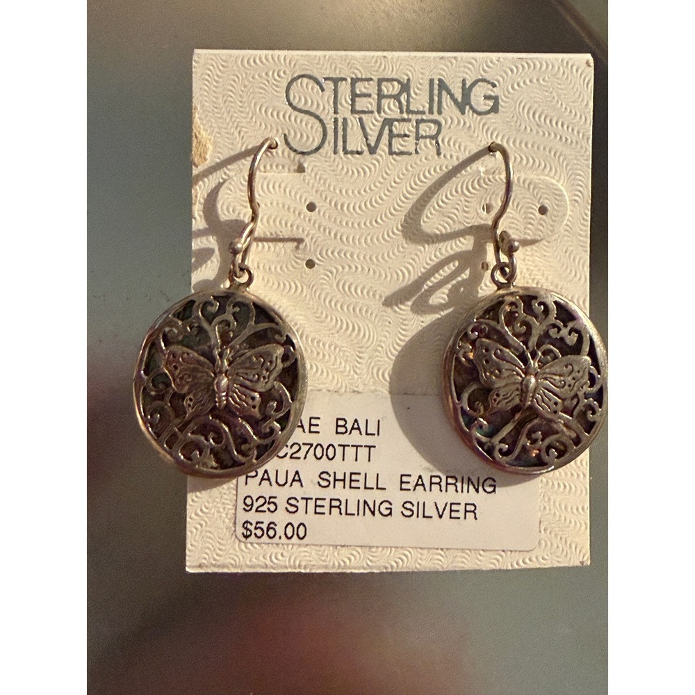 Bali 925 Sterling Silver Paua Shell Butterfly Filigree Drop Earrings Vintage
